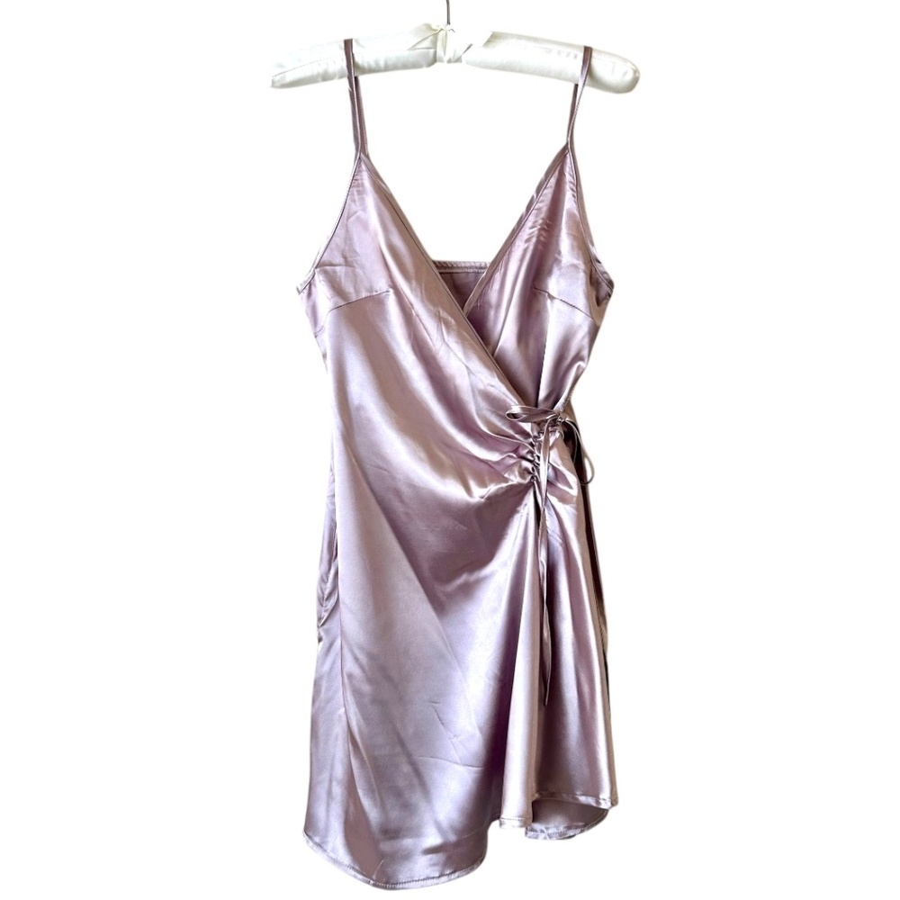 Satin Wrap Dress Champagne Spaghetti straps Tie Cinch Hip by Shein Size XS